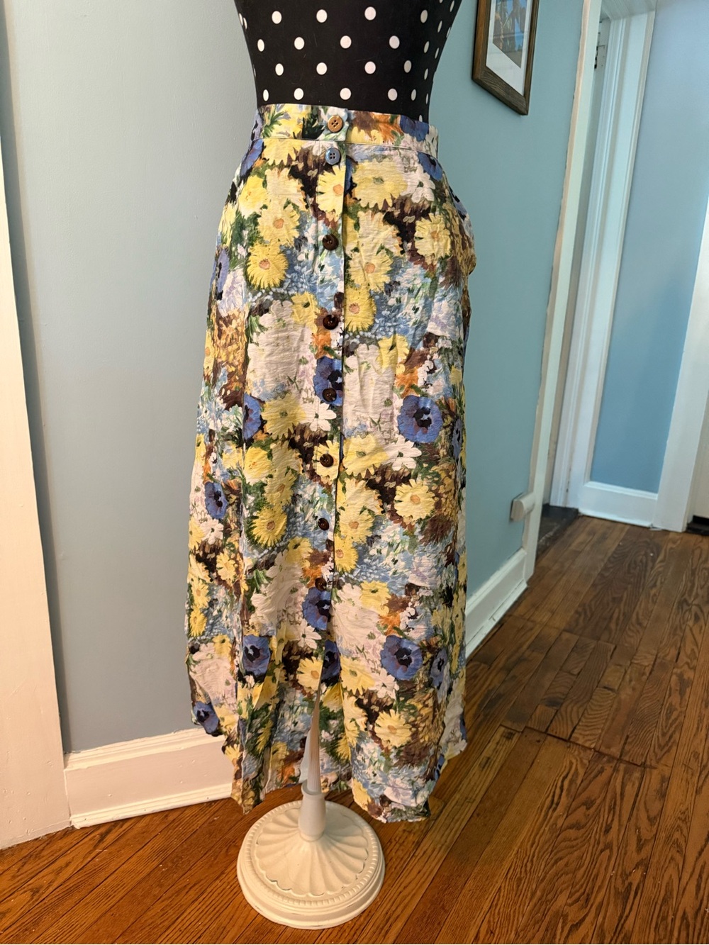 Floral Button-Front Midi Skirt in Yellow & Blue